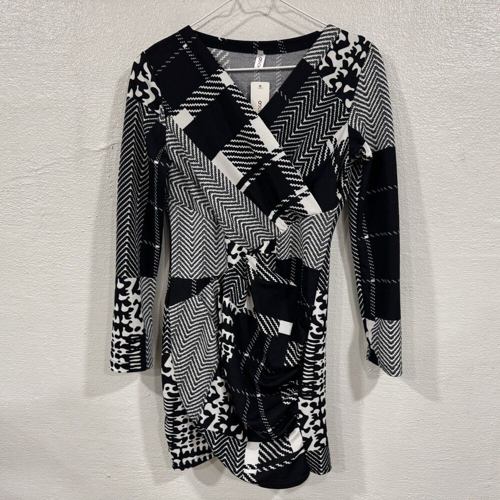 Order Plus Black White Geometric Plaid Wrap Dress Long Sleeve Size Small